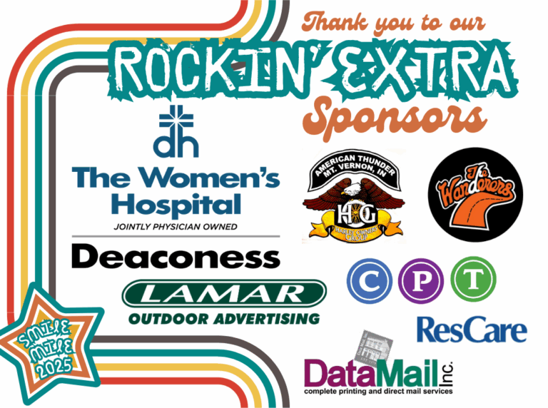 Thank you to our Rockin' Extra Sponsors for the SMILE Mile 2025: Deaconess Women's Hospital, Lamar Outdoor Advertising, American Thunder of Indiana, The Wanderers, Center for Pediatric Therapy, Res Care, and Data Mail.