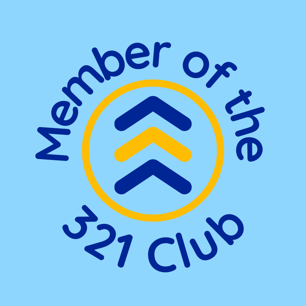 321 Club t-shirt design. On a blue background, the words "Member of the the 321 Club" around a yellow circle with the Down syndrome arrows in the middle.